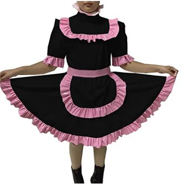 Imagem de Vestido cruzado sexy adulto com trava Sissy Maid vestido de PVC com trava uniforme avental fantasia macacão, preto, M