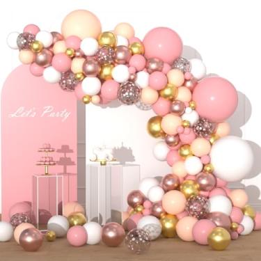 Imagem de Rose Gold Balloon Garland Kit 122PCS Pastel Pink Orange Metallic Gold White Balloons Gold and Rose Gold Confetti Balloons for Wedding Bridal Shower Anniversary Princess Girl Birthday Decorations