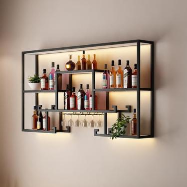 Imagem de THGYJP Armário de vinho montado na parede, rack de vinho de bar, prateleiras de barra de ferro com luz LED, com suporte suspenso para copos de vinho, bar, prateleira de exibição de garrafas, para bar
