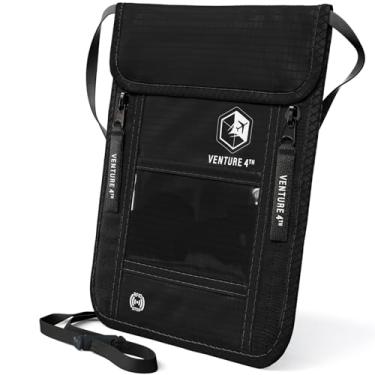 Imagem de VENTURE 4TH Carteira de pescoço, porta-passaporte com bloqueio de RFID para viagens – Bolsa de pescoço oculta com 6 compartimentos, organizador fino e leve com alça ajustável, nylon durável para