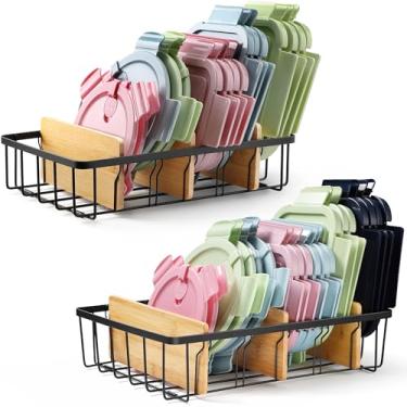 Imagem de CACHOLIV Pacote com 2 organizadores de tampa ajustáveis - Organizador grande de armário de cozinha para recipiente de armazenamento de alimentos e tampas de copo com 6 divisórias de bambu