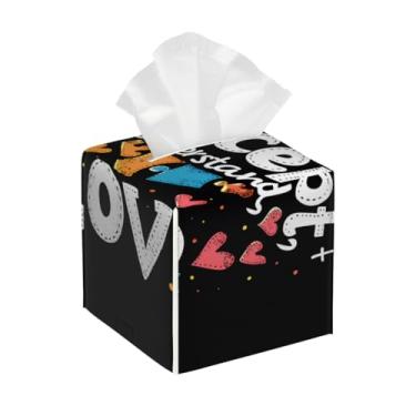 Imagem de Caixa de lenços de couro quadrada à prova d'água arte autismo amor coração organizador de papel facial com cinto inferior cubo estojo de tecido para mesa banheiro escritório mesa carro decorativo