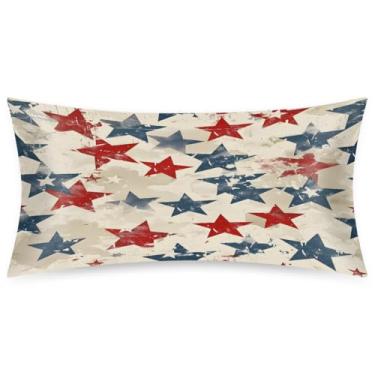 Imagem de Fronha King Size de cetim de seda para cabelo e pele, capa de almofada macia antiderrapante estrelas refrescantes retrô vermelho azul com fecho de envelope para dormir mulheres homens crianças 50 x