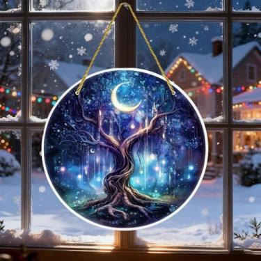 Imagem de Disco redondo para pendurar na parede, janela acrílica, apanhador de sol, enfeite de cor decorativa, sala de estar, quarto, jardim, varanda, 20 x 20 cm, árvore da vida azul escuro 1