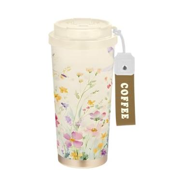 Imagem de SEHANY Caneca de viagem colorida de ervas silvestres de 500 ml Copos de café reutilizáveis revestidos de cerâmica com tampa à prova de vazamento, parede dupla, isolamento a vácuo, copo de café de aço