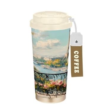 Imagem de SEHANY Caneca de viagem Torre de Paris em aquarela de 500 ml Copos de café reutilizáveis revestidos de cerâmica com tampa à prova de vazamento, parede dupla, isolamento a vácuo, copo de café de aço