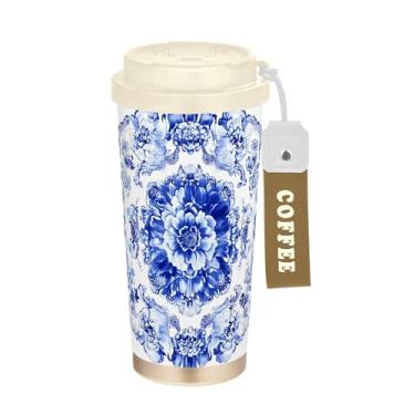Imagem de SEHANY Caneca Bohomian Trave azul branca 482 g Copos de café reutilizáveis revestidos de cerâmica com tampa à prova de vazamento, parede dupla, isolamento a vácuo, copo de café de aço inoxidável para