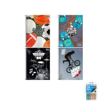 Imagem de Kit Caderno Universitário Vibe Masc 80F Tilibra + Caneta Esferográfica 0.7mm Cis + Marcador Artístico Brush Metallic