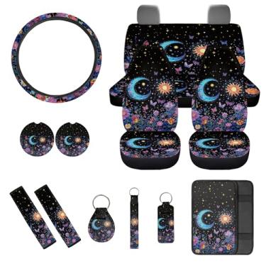 Imagem de gearider Capa de assento de carro sol e lua conjunto completo de 13 capas de volante almofadas de cinto de segurança flor capa de apoio de braço automotivo porta-copos chaveiro para van SUV caminhão