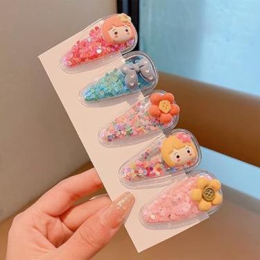 Imagem de 5 peças de grampos de cabelo com glitter para meninas, grampos de cabelo transparentes com flores de frutas e animais, acessórios de cabelo para o dia das crianças e festas