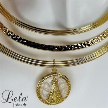 Imagem de Aro triplo em bijuteria com pingente em madrepérola com nossa senhora 