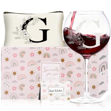 Imagem de Presentes de Natal para mulheres, taças de vinho com monograma com bolsa de maquiagem, presentes exclusivos de elefante branco de casamento para mãe, pai, irmã, professora, esposa, marido (G)