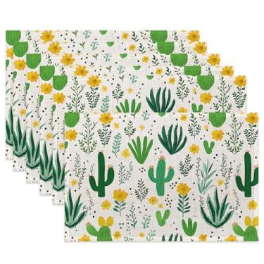 Imagem de Jogo americano de tecido de cacto verde, jogo americano de mesa de suculentas de flor amarela, conjunto de 6 tapetes de pano, tapetes de mesa laváveis resistentes ao calor para decoração de casa