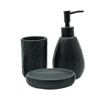 Imagem de Kit Banheiro E Lavabo 3 Peças Em Porcelana Saboneteira Porta Escovas Dispenser Estilo Contemporâneo Preto Fosco