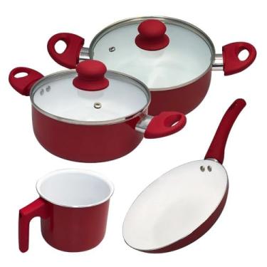 Imagem de Jogo de Panelas de Alumínio com Revestimento Cerâmico, 4 Peças, Vermelho, Cabo de Baquelite, Inclui 2 Caçarolas com Tampa, Frigideira e Leiteira