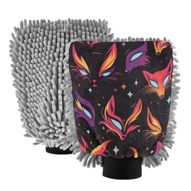 Imagem de STAYTOP Luvas de lavagem de carro de raposa de desenho animado, 2 peças, luvas de microfibra de chenille, sem arranhões, panos de esponja de lavagem ultra absorventes para carros, limpeza doméstica