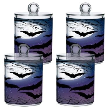 Imagem de STAYTOP 2 frascos de boticário com dispensador Qtip para banheiro com etiquetas – Recipiente de armazenamento Qtip de plástico transparente para bola de algodão, cotonete, grão de café - morcego preto