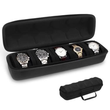 Imagem de Estojo rígido de viagem para relógio com 5 compartimentos, rolo rígido com almofada macia, caixa organizadora de nylon portátil com zíper para homens e mulheres com almofada de espuma macia e