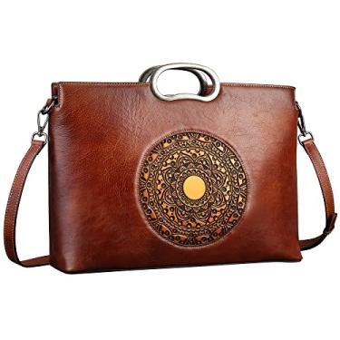 Imagem de Bolsas de couro legítimo para mulheres, bolsa tiracolo organizadora grande vintage em relevo totem bolsa de ombro, Marrom