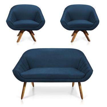 Imagem de Kit 01 Namoradeira 02 Lugares 02 Poltronas Giratória Giovana Suede Madeira Mm30 D'rossi Azul Marinho