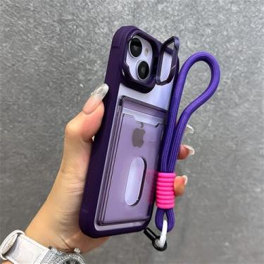 Imagem de Cordão de mão com slot para cartão, capa transparente para iPhone 15 16 Pro Max 14 13 12 11, suporte dobrável para lentes, capa de acrílico, roxo escuro, para iPhone 14
