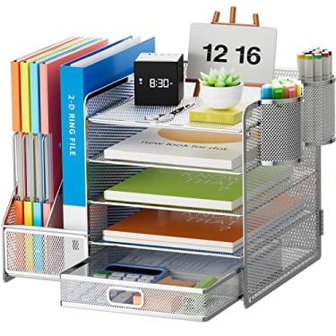 Imagem de Marbrasse Organizador de mesa com suporte de arquivo, bandeja de papel de 5 camadas com gaveta e 2 porta-canetas, organizador de mesa de malha e armazenamento com suporte de revista para material de