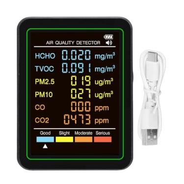 Imagem de ASHATA Monitor de Qualidade do Ar 6 Em 1 Interno, Testador de Qualidade do Ar Doméstico Portátil Com Detecção de CO CO2 TVOC HCHO PM2.5 PM10, Exibição Em Tempo Real Com Luz de Fundo