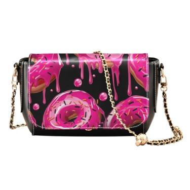 Imagem de Pink Donuts em uma bolsa tiracolo feminina preta com aba, bolsa de ombro de couro transversal, bolsa de couro para mulheres a tiracolo, Rosquinhas rosa em preto - 2, One Size