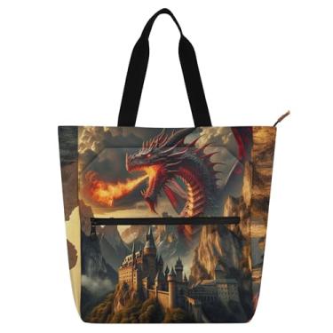 Imagem de GAIGEO Bolsa feminina Mythical Dragon Castle para trabalho, lona, praia, livro, com zíper, bolsa de professores com compartimentos