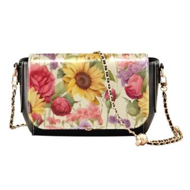 Imagem de Bolsa transversal com alça ajustável floral e girassol, bolsas transversais de couro para mulheres, média, Floral e girassol-3, One Size