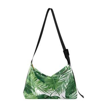Imagem de Bolsa de ombro transversal de couro azul e branca, bolsa de couro com zíper, bolsa de ombro transversal para mulheres, Folhas de palmeira tropicais verdes-1, One Size