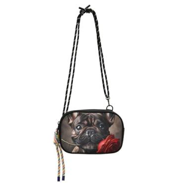 Imagem de TSENQUE Bolsa tiracolo feminina buldogue rosa floral pequena bolsa para celular bolsa carteira sobre ombro bolsas engraçadas fofas