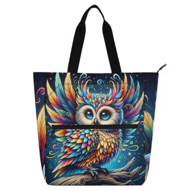 Imagem de GAIGEO Bolsa de trabalho feminina com coruja arco-íris fofa bolsa de lona universitária bolsa de mão de professor com compartimentos