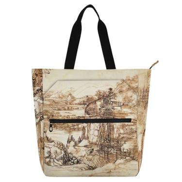 Imagem de GAIGEO Bolsa de trabalho feminina Leonardo da Vinci com paisagem de Arno Valley, bolsas de tecido de lona, faculdade, escola, professores, bolsas, amantes de livros