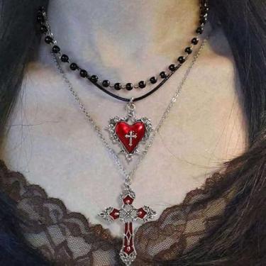 Imagem de Colar Lariat com cruz de pérola preta, colar de contas grossas para mulheres, joias, presentes de amizade para mulheres, Medium, Latão, Sem Pedra Preciosa