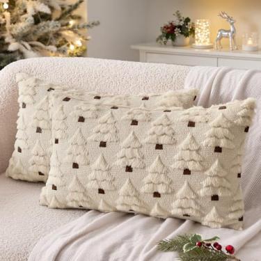Imagem de MIULEE Capas de almofada decorativas para árvore de Natal, capas de almofada de lã sintética, conjunto de 2 almofadas de sofá, decoração de casa para sofá, sala de estar, cama, 30 x 50 cm, bege
