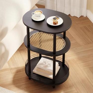 Imagem de BITYODD Mesa lateral redonda, mesa de canto oval preta com armazenamento, mesa de cabeceira de vime de 3 andares, mesa lateral estreita para sala de estar, mesa de cabeceira para quarto - preta
