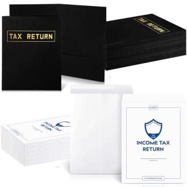Imagem de Kosiz 100 pastas de declaração de imposto a granel com envelopes para preparadores de impostos, 2 bolsos de texto em folha dourada com envelopes para clientes que armazenam ou lidam com pessoas e