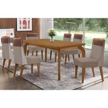 Imagem de Sala Jantar Mesa Londrina Tampo Curvo 180cm+6 Cadeiras Jaspe Madeira Naturale - Capuccino/Linho Bege - Rufato