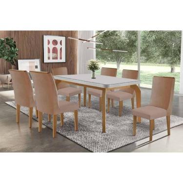 Imagem de Sala Jantar Mesa Londrina Tampo c/ Vidro Curvo 180cm+6 Cadeiras Pietá Madeira Naturale/Off White - Capuccino/Corano Capuccino - Rufato