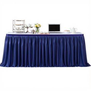 Imagem de Saia de mesa azul marinho para mesas retangulares de 1,8 m, saia de mesa para professores, sala de aula, saia de mesa de tecido de poliéster com babados para chá de bebê, festa de aniversário
