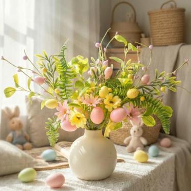 Imagem de Nikuoan Decoração artificial de palitos de Páscoa, 4 peças de hastes de Páscoa de 40,6 cm com ovos coloridos, frutas silvestres, ramos florais, arranjos de hastes para mesa de casa, vaso de mesa