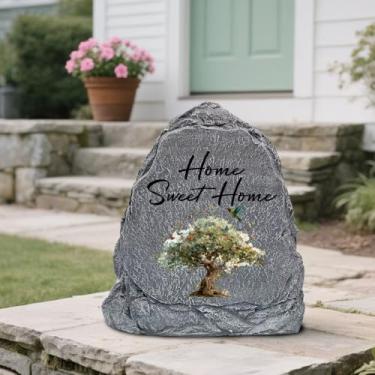 Imagem de Escultura de pedra de jardim com borboleta da árvore da vida, escultura externa de resina solar, adequada como decoração de túmulo para jardim, gramado, cemitério, presente memorial, decoração de casa