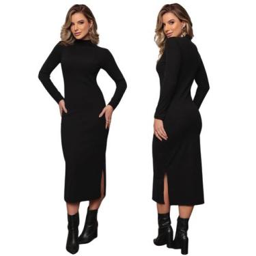 Imagem de Vestido Feminino Manga Comprida Canelado Fenda Lateral - Ewg Jeans, Pr