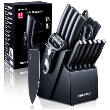 Imagem de Conjunto de Facas em Aço Inoxidável com Bloco de Bancada, 19 Peças, RAXCO, Preto