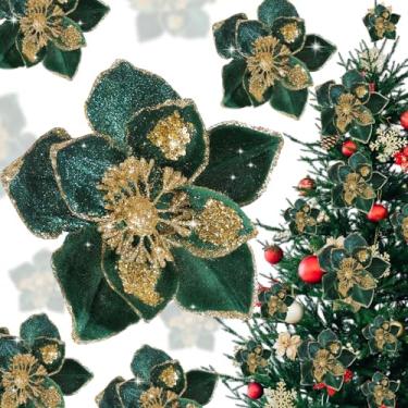 Imagem de Norme 15 peças, 3 tamanhos de veludo, flores de poinsétia de Natal, magnólia, glitter, flores artificiais, ornamentos de poinsétia para árvore de Natal, guirlanda de casamento, decoração de férias