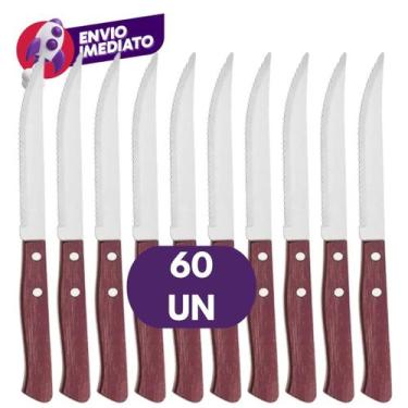 Imagem de Kit Faca de Churrasco Cabo Madeira Aço Inox Lâmina Serrilhada Cozinha 