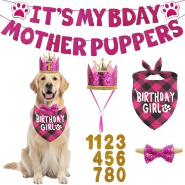 Imagem de 5 peças de artigos de festa de aniversário para cães xadrez rosa bandana de aniversário chapéu dourado com números gravata borboleta para festa de animais de estimação menina cachorro (rosa)
