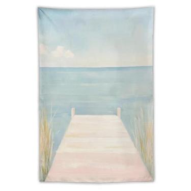 Imagem de Tapeçaria pastel cais vista oceano cena de água calma estilo pintura a óleo pendurado na parede decoração de casa costeira para quarto sala de estar Serene Vibe40 x 60 tapeçaria