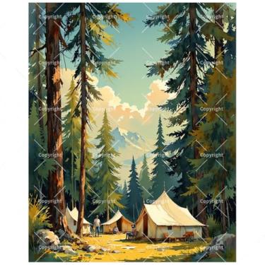 Imagem de Kit de pintura de cena de acampamento por números para adultos - DIY Mountain Tent Camp in Forest Painting on Canvas, conjunto de tinta acrílica, adequado para iniciantes, arte para decoração de casa